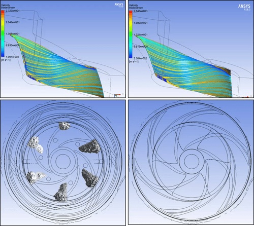 Comparison of cavitating region for the baseline design and optimized design