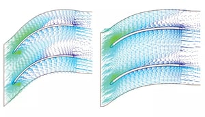Fig.4. Comparison of the flow in the original (left) and new (right) diffuser