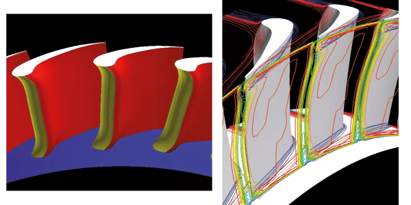 Fig. 2. Blade geometry (left) and streamlines near the endwall and exit loss contour (right) of the nozzle with endwall stacking