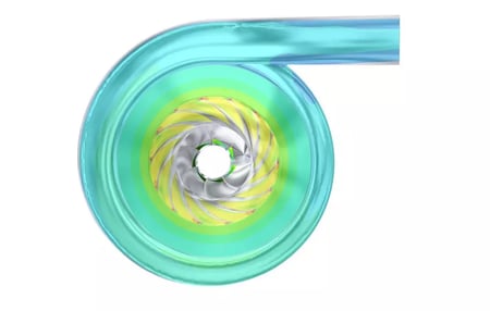 Fig. 2. Contours of relative velocity for the impeller, vaneless diffuser and volute