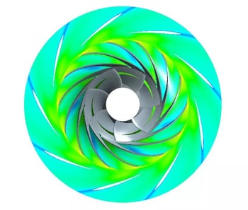 Fig. 3. Contours of relative velocity for the impeller and low solidity vaned diffuser