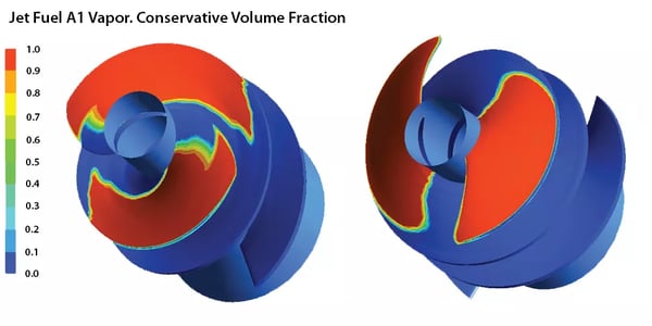 Cavitation pattern in the original impeller (left) and the redesigned impeller (right)