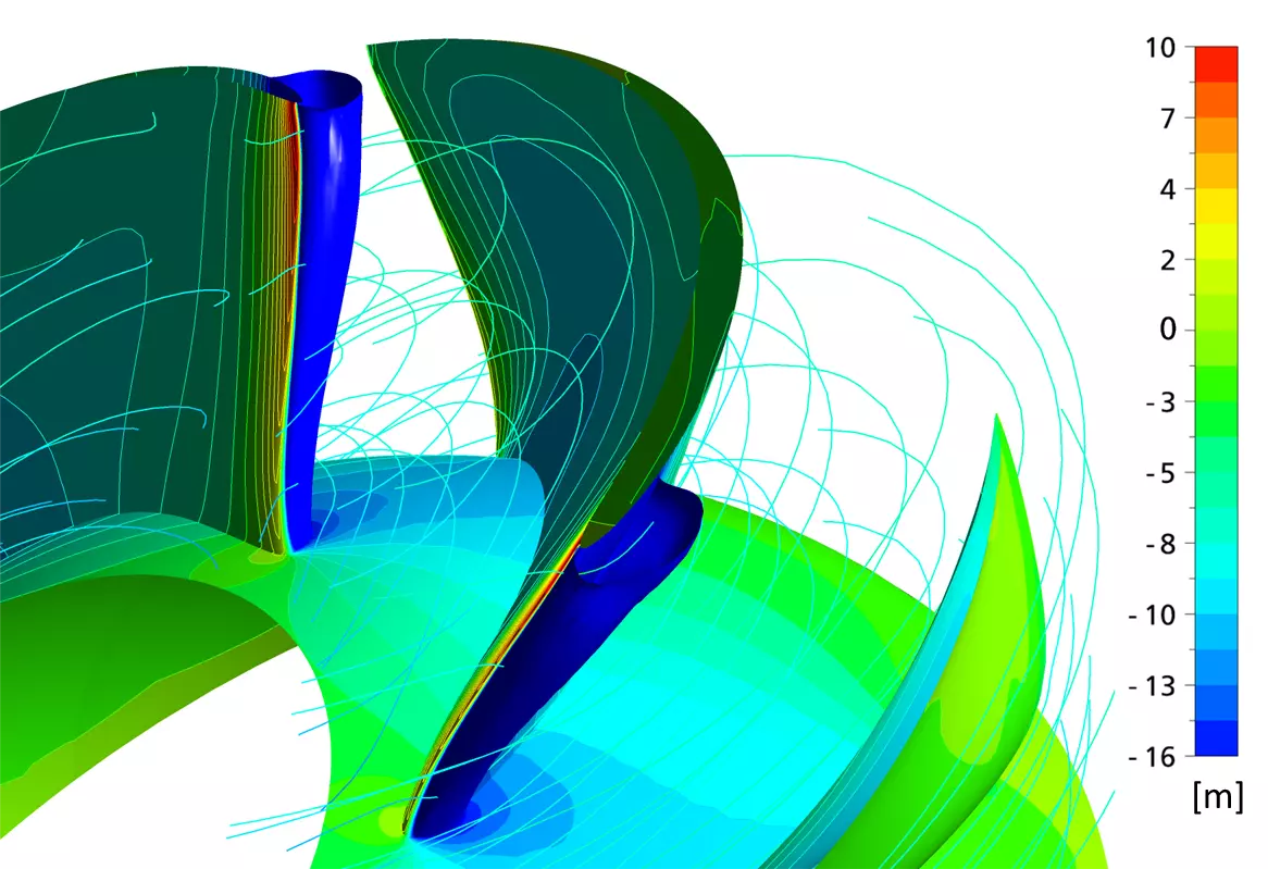 CFD result, reference design (old) at OP2: Pressure field and ISO surface of cavitation on the impeller blade surface