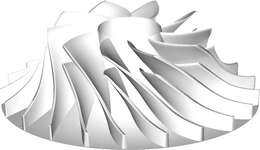 CAD model of the 3D compressor as output from TURBOdesign1. The three-dimensional blade shapes result in higher performances and stiffer blades than straight filament designs.