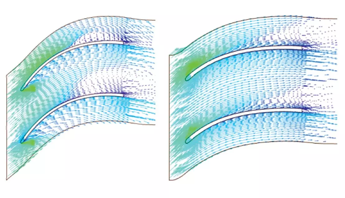 Fig.4. Comparison of the flow in the original (left) and new (right) diffuser